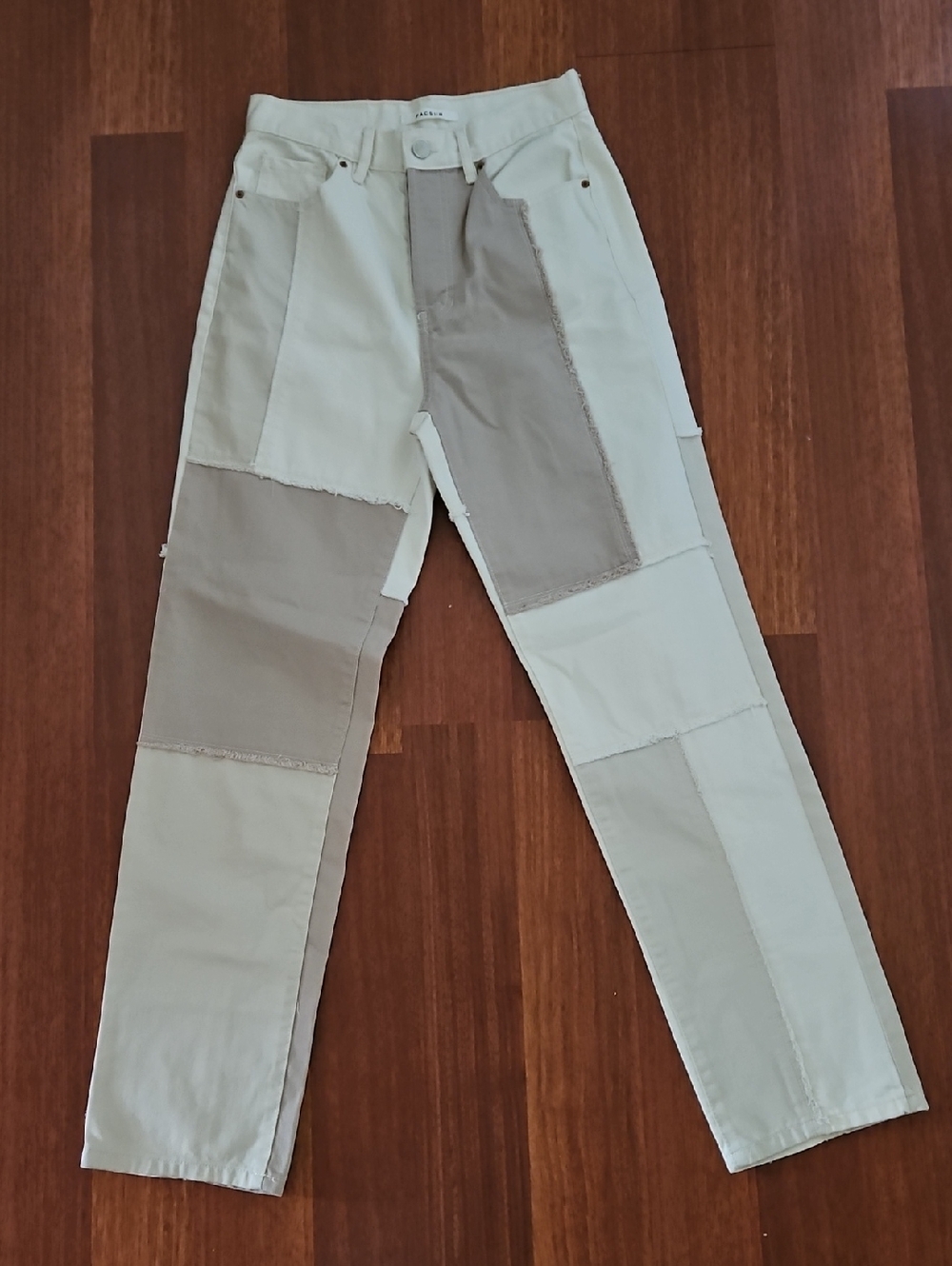 PacSun Two-tone Colorblock Patchwork DAD Jeans Cream Taupe Button-fly 25 NWOT
